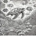 DALL·E 2024-06-28 10.33.21 - A black and white scene in nature featuring a vibrant coral reef with a variety of fish, sea turtles, and corals, drawn in a coloring book style for c
