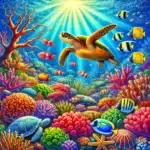 DALL·E 2024-06-28 10.36.22 - A colorful scene in nature featuring a vibrant coral reef with a variety of colorful fish, sea turtles, and corals