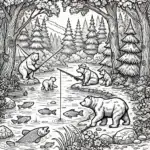 DALL·E 2024-06-28 10.36.29 - A black and white scene in nature featuring a family of bears fishing in a river surrounded by a dense forest, drawn in a coloring book style for chil