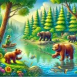 DALL·E 2024-06-28 10.36.35 - A colorful scene in nature featuring a family of bears fishing in a river surrounded by a dense forest