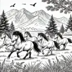 DALL·E 2024-06-28 10.36.40 - A black and white scene in nature featuring a herd of wild horses running through a picturesque meadow with mountains in the background, drawn in a co