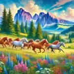 DALL·E 2024-06-28 10.36.46 - A colorful scene in nature featuring a herd of wild horses running through a picturesque meadow with mountains in the background