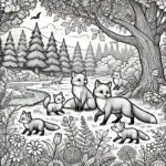 DALL·E 2024-06-28 10.36.51 - A black and white scene in nature featuring a family of foxes playing in a forest with lush greenery and flowers, drawn in a coloring book style for c