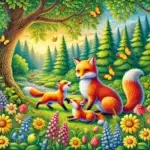 DALL·E 2024-06-28 10.36.56 - A colorful scene in nature featuring a family of foxes playing in a forest with lush greenery and flowers