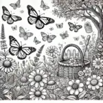 DALL·E 2024-06-28 10.37.01 - A black and white scene in nature featuring a beautiful butterfly garden with various species of butterflies and flowers, drawn in a coloring book sty