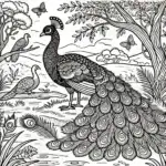 DALL·E 2024-06-28 10.37.10 - A black and white scene in nature featuring a beautiful peacock with its feathers spread out, drawn in a coloring book style for children