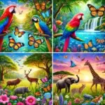 DALL·E 2024-06-28 10.37.22 - A colorful scene in nature featuring a variety of beautiful animals. One image should show a vibrant tropical jungle with exotic birds like parrots an