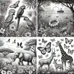 DALL·E 2024-06-28 10.37.27 - A black and white scene in nature featuring a variety of beautiful animals. One image should show a tropical jungle with exotic birds like parrots and